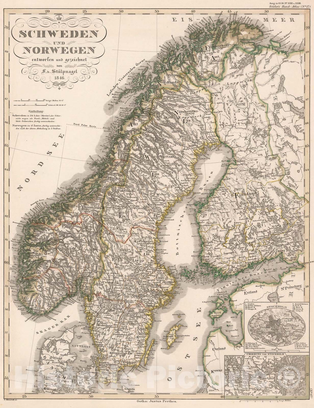 Historic Map : Schweden und Norwegen. (Sweden and Norway)., 1852, Vintage Wall Art