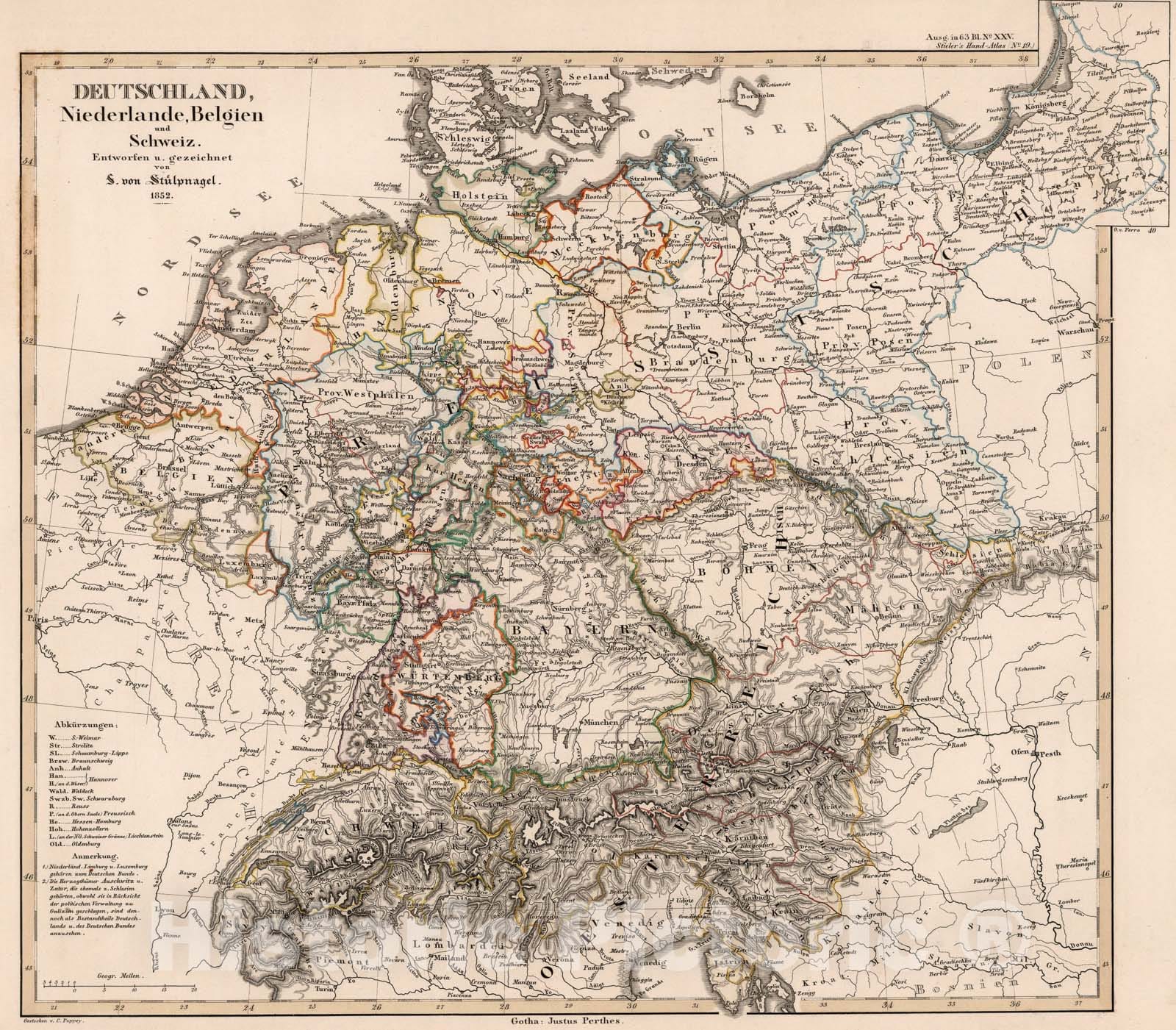 Historic Map : Deutschland, Niederlande, Belgien und Schweiz. (Germany, Netherlands, Belgium, and Switzerland)., 1852, Vintage Wall Art