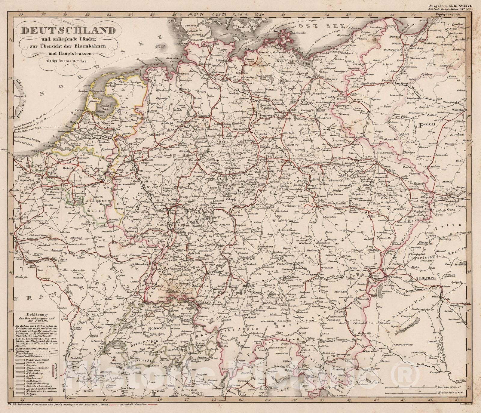 Historic Map : Deutschland .... (Germany, Netherlands, Belgium, and Switzerland - Railroad and Road Distances)., 1853, Vintage Wall Art