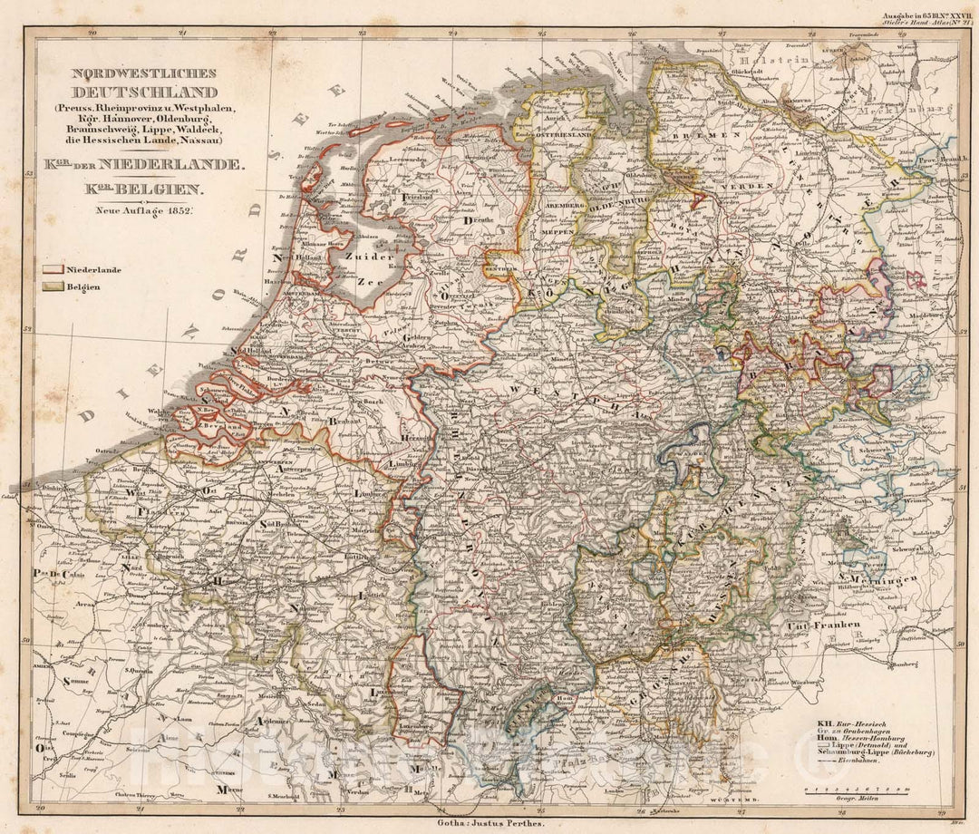 Historic Map : Nordwestliches Deutschland ... Niederlande ... Belgien. (Germany. Netherlands. Belgium)., 1852, Vintage Wall Art