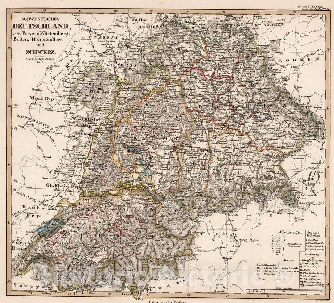 Historic Map : Sudwestliches Deutschland ... Schweiz. (Southwest Germany. Switzerland.), 1852, Vintage Wall Art