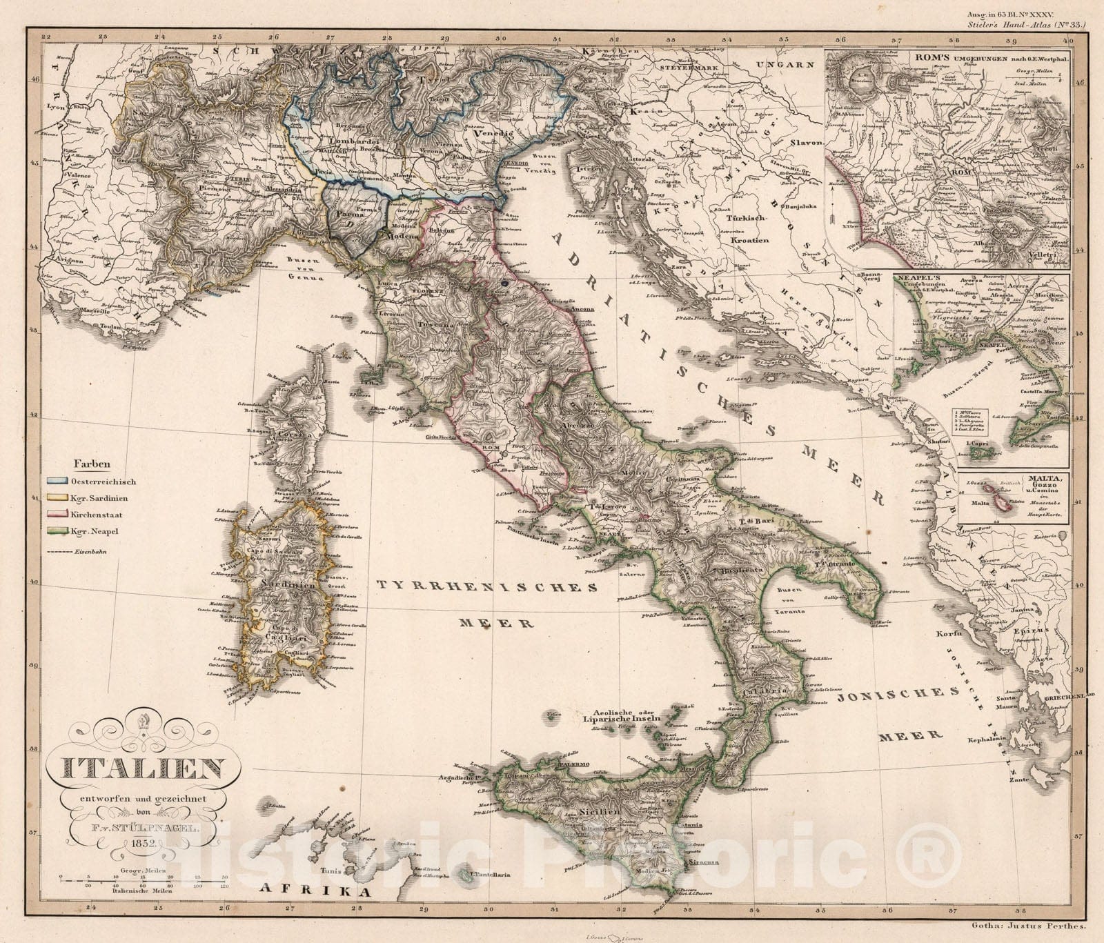 Historic Map : Italien. (Italy)., 1852, Vintage Wall Art