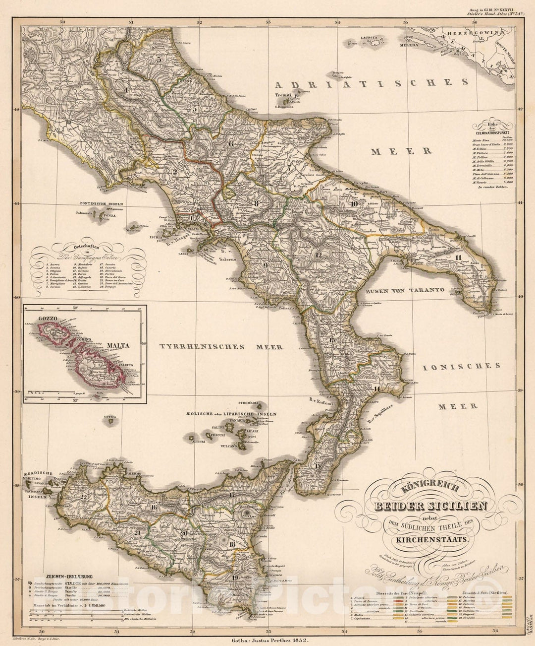 Historic Map : Konigreich Beider Sicilien .... (Northern Italy. Malta)., 1852, Vintage Wall Art