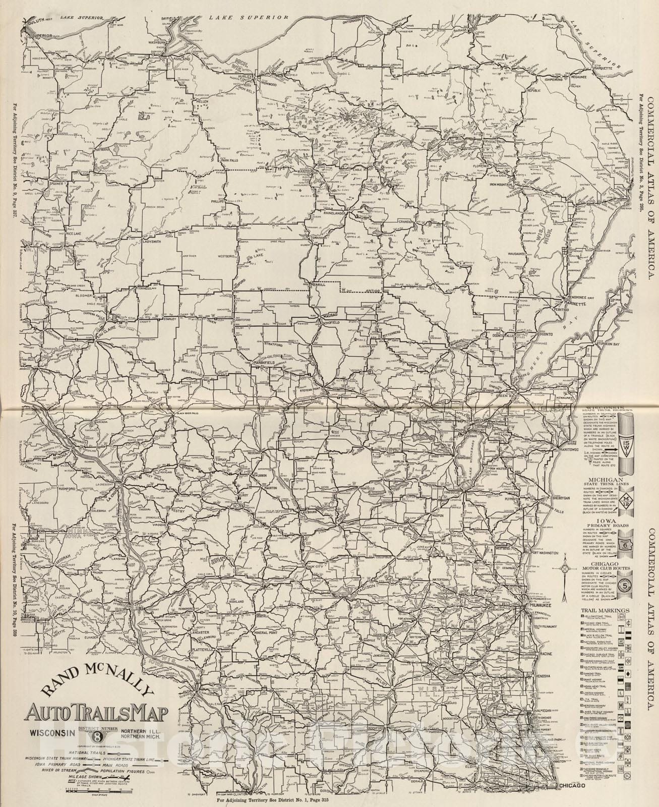 Historic Map : AutoTrails Map, Wisconsin, Northern Illinois, Northern Michigan., 1924, Vintage Wall Art