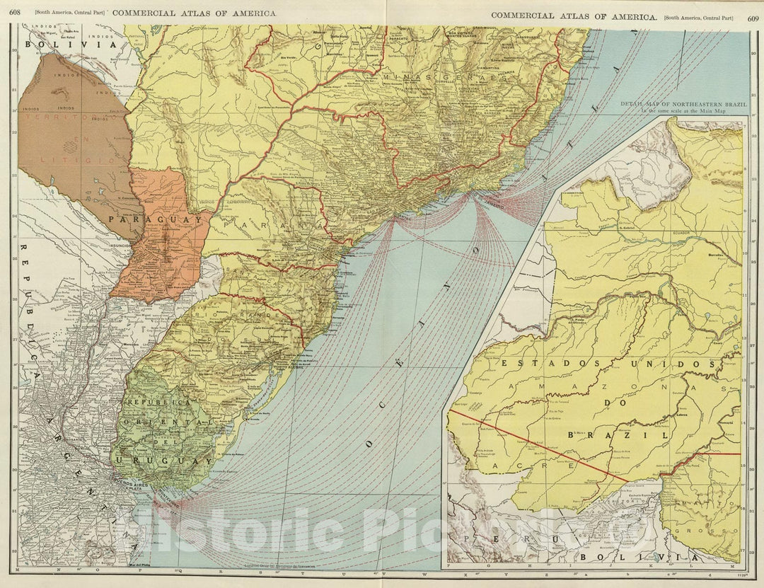 Historic Map : Brazil, Paraguay, and Uruguay (southern half)., 1924, Vintage Wall Art