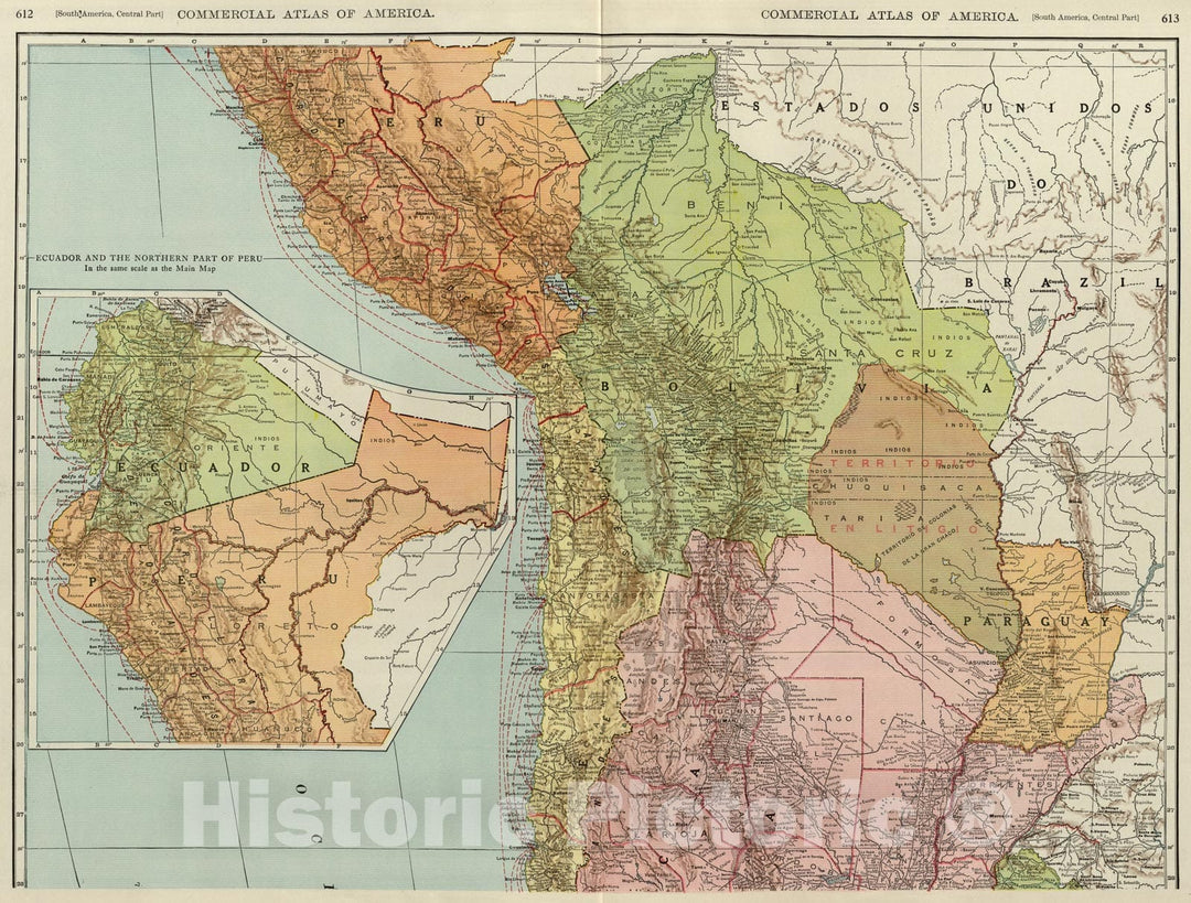 Historic Map : Chile, Bolivia, Peru, Ecuador, Uruguay, Paraguay, Argentine Republic. (northern half)., 1924, Vintage Wall Art