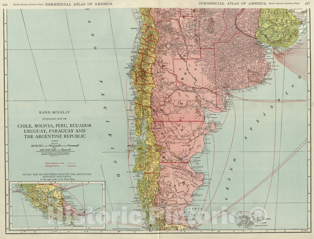 Historic Map : Chile, Bolivia, Peru, Ecuador, Uruguay, Paraguay, Argentine Republic. (southern half)., 1924, Vintage Wall Art