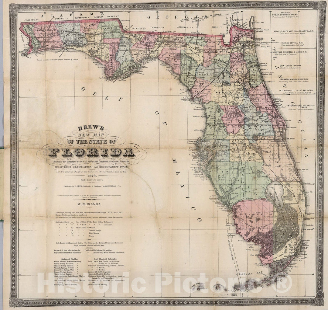 Historic Map : Florida, 1876, Vintage Wall Art