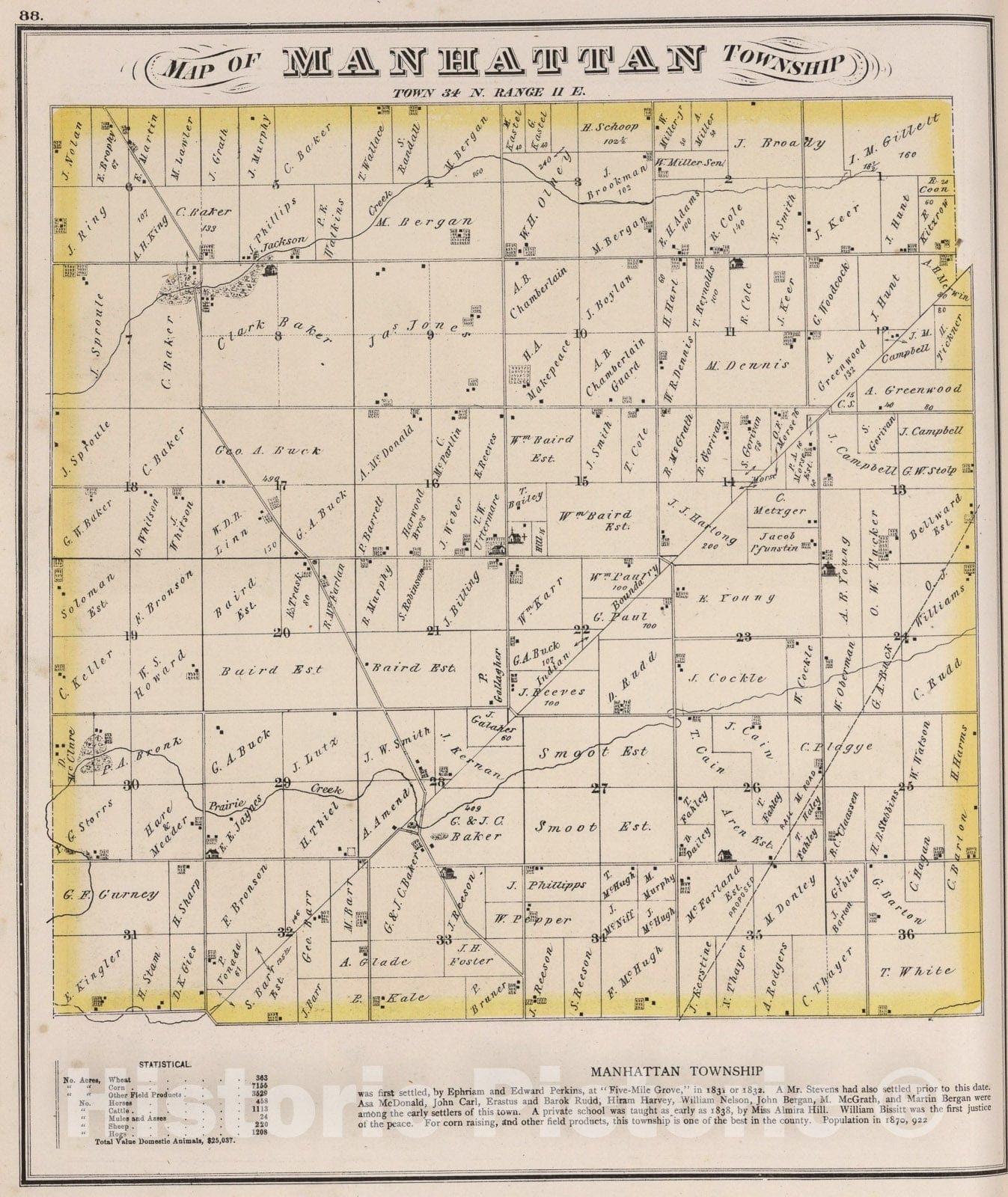 Historic Map : Manhattan Township, Town thirty-four N. Range eleven E., Will County, Illinois., 1873, Vintage Wall Art