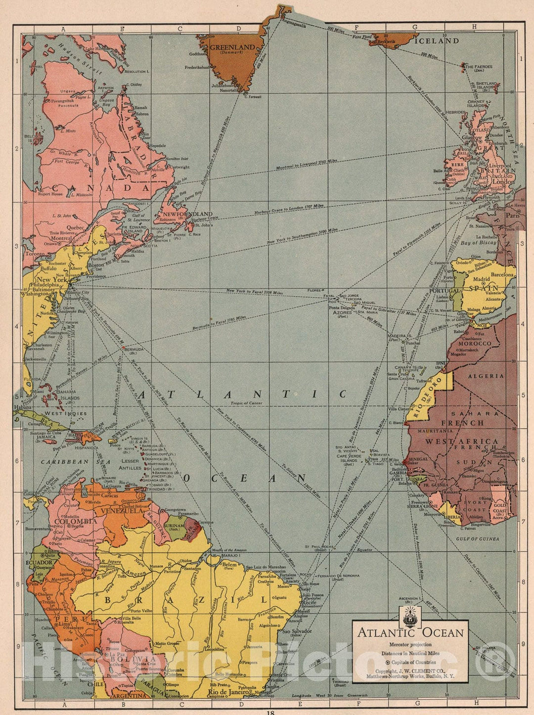 Historic Map : Atlantic Ocean. Mercator Projection, 1943, Vintage Wall Art