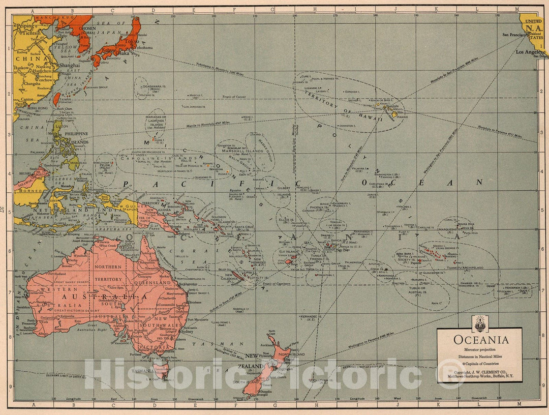 Historic Map : Oceania. Mercator Projection. Distances in Nautical Miles, 1943, Vintage Wall Art