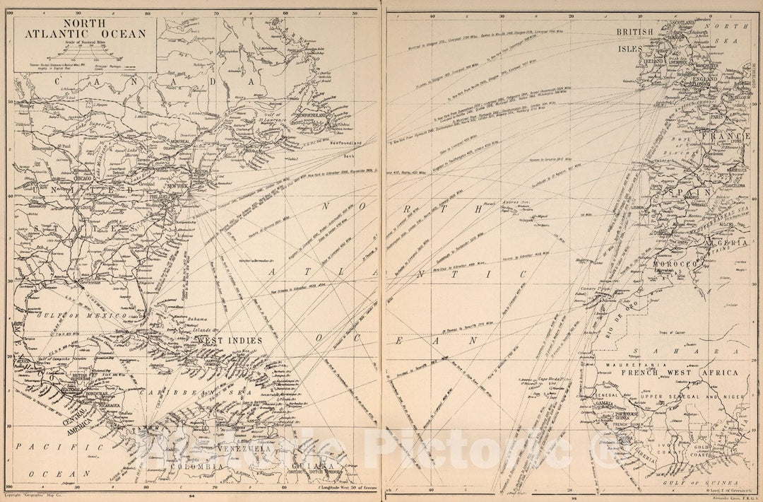 Historic Map : North Atlantic Ocean, 1935, Vintage Wall Art