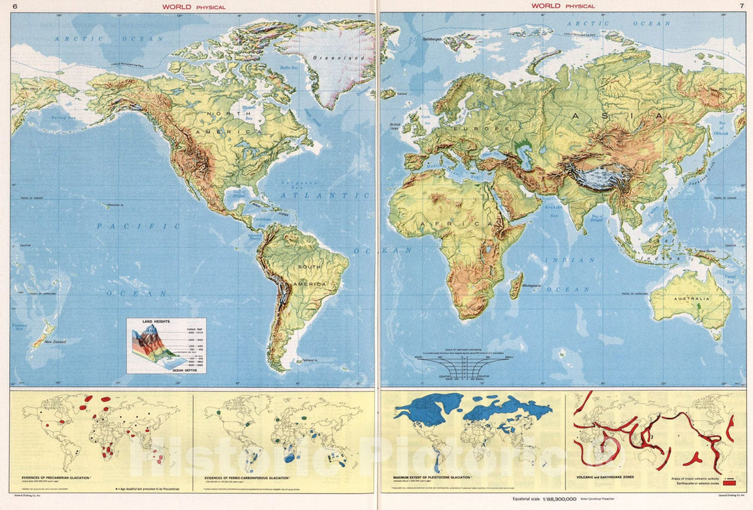 Historic Map : World Physical., 1968, Vintage Wall Art