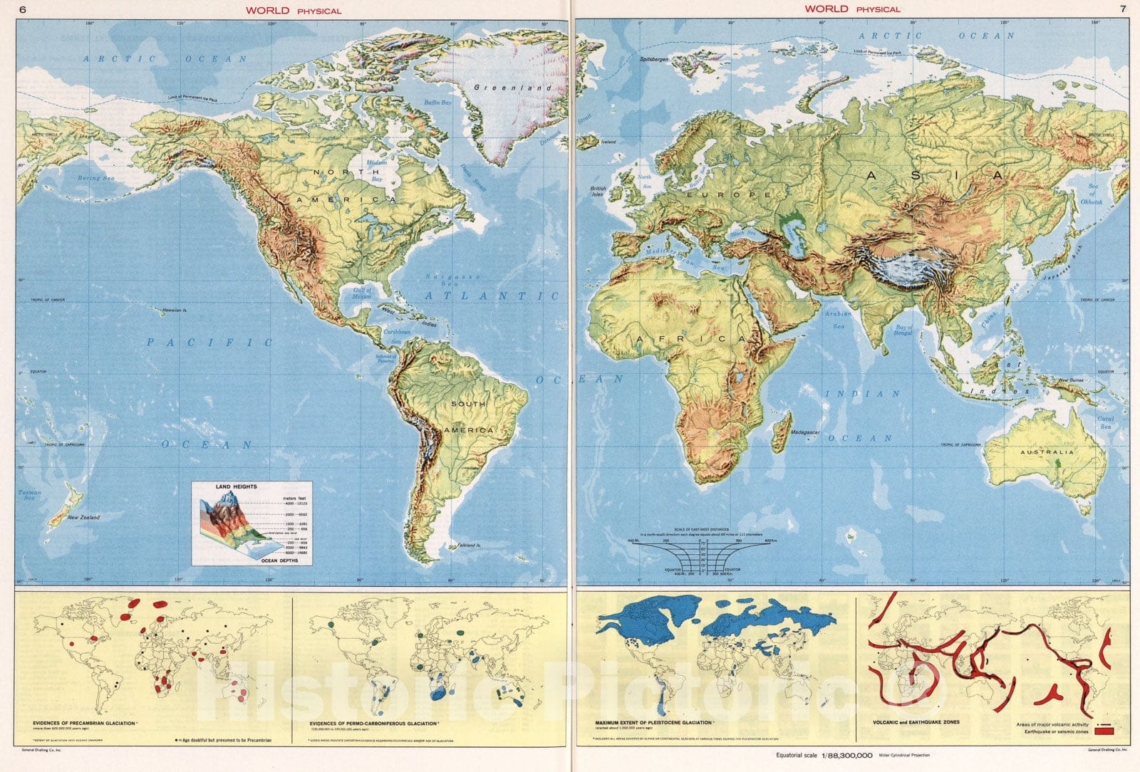 Historic Map : World Physical., 1968, Vintage Wall Art