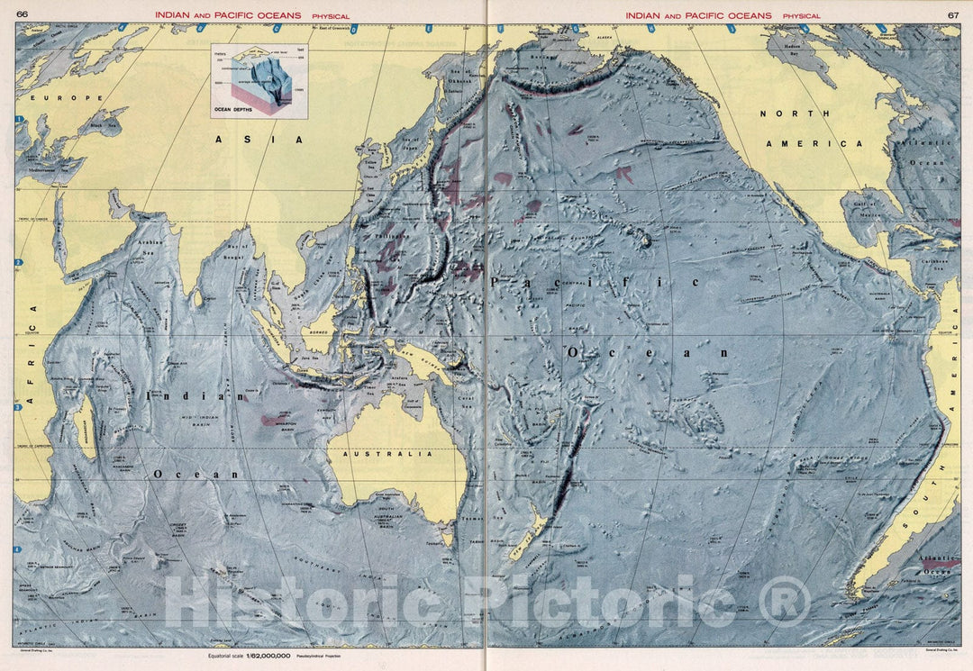 Historic Map : Indian and Pacific Oceans Physical., 1968, Vintage Wall Art