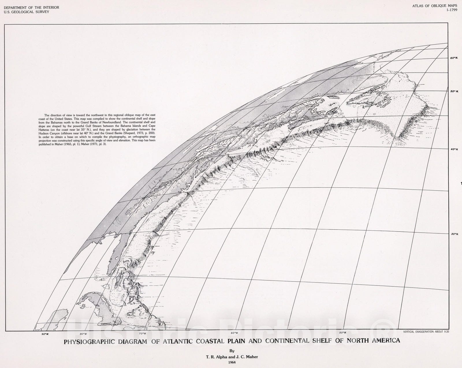 Historic Map : Physiographic Diagram of Atlantic Coastal Plain and Continental Shelf of North America., 1964, Vintage Wall Art