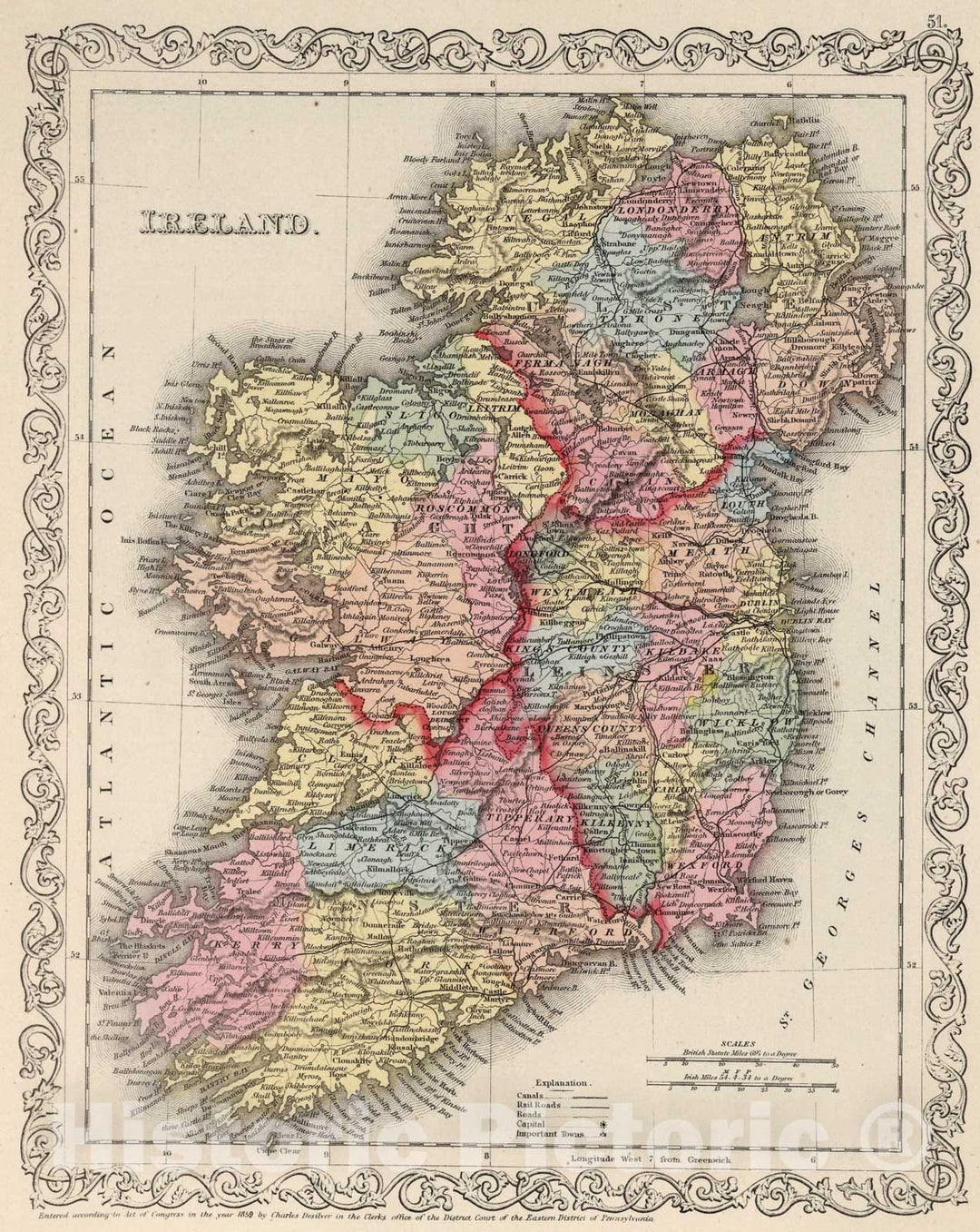 Historic Map : Ireland., 1859, Vintage Wall Art