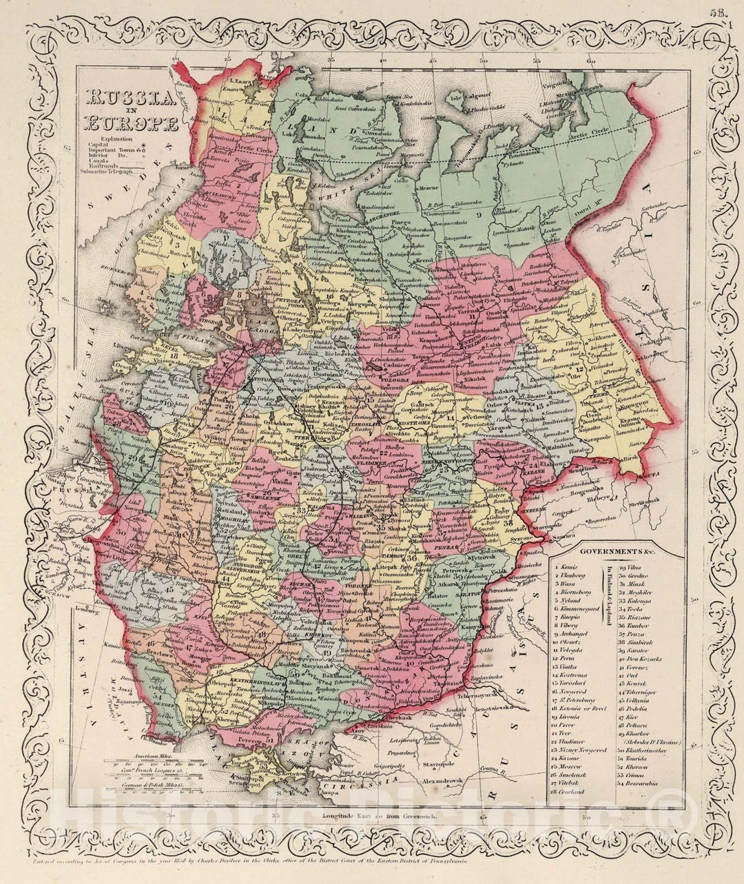 Historic Map : Russia in Europe., 1859, Vintage Wall Art