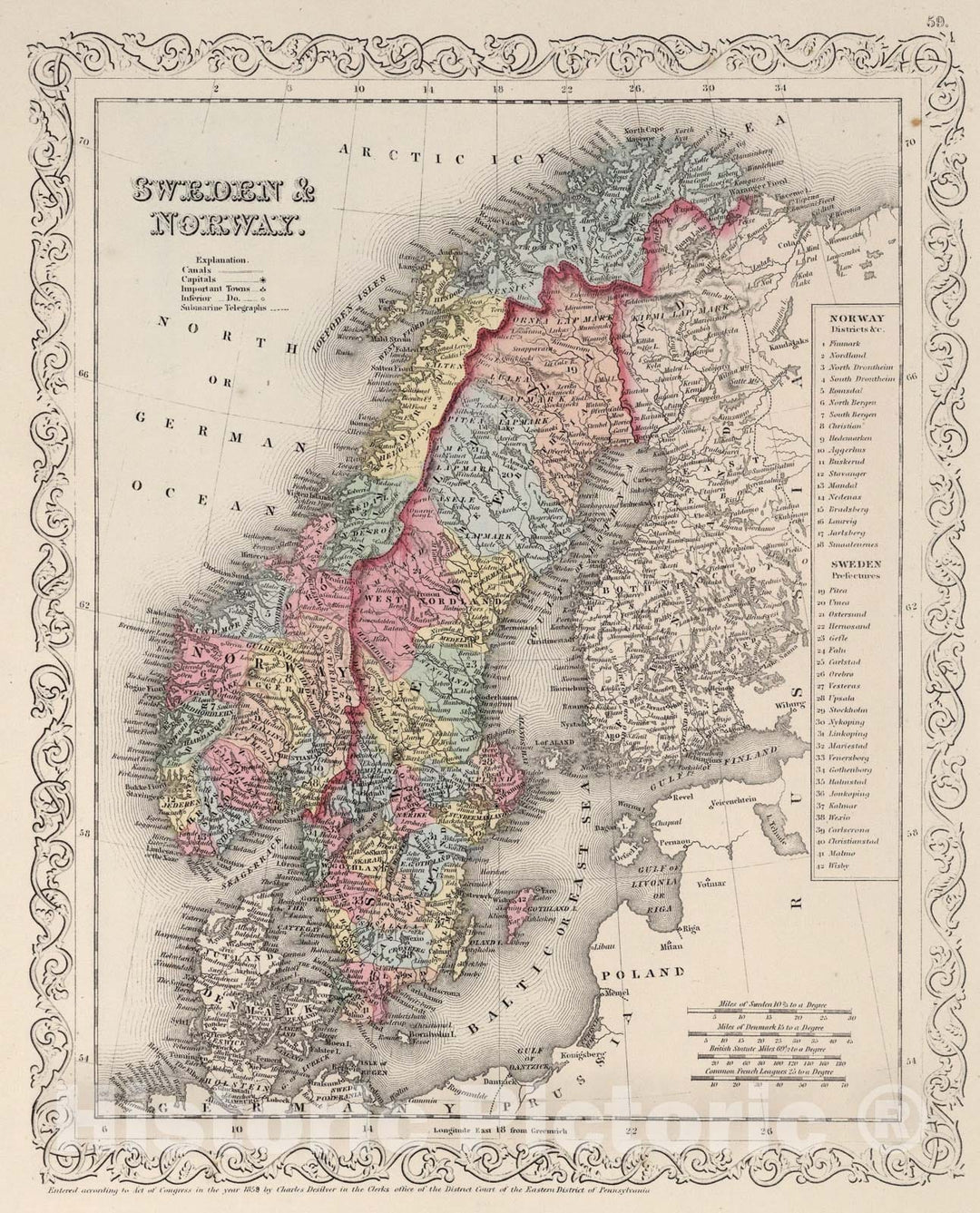 Historic Map : Sweden & Norway., 1859, Vintage Wall Art