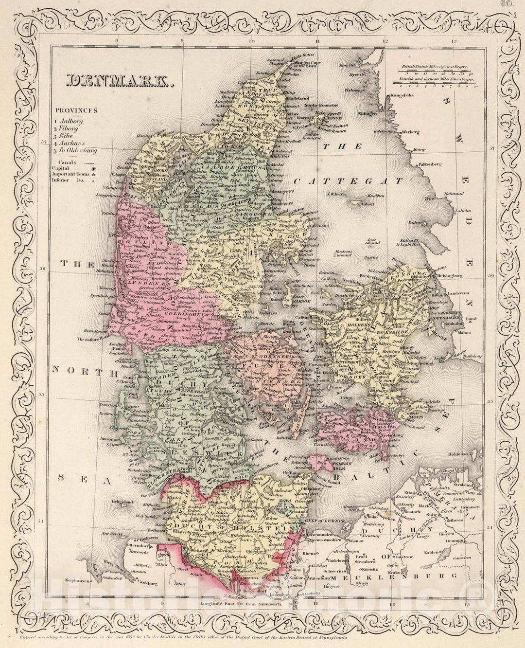 Historic Map : Denmark., 1859, Vintage Wall Art