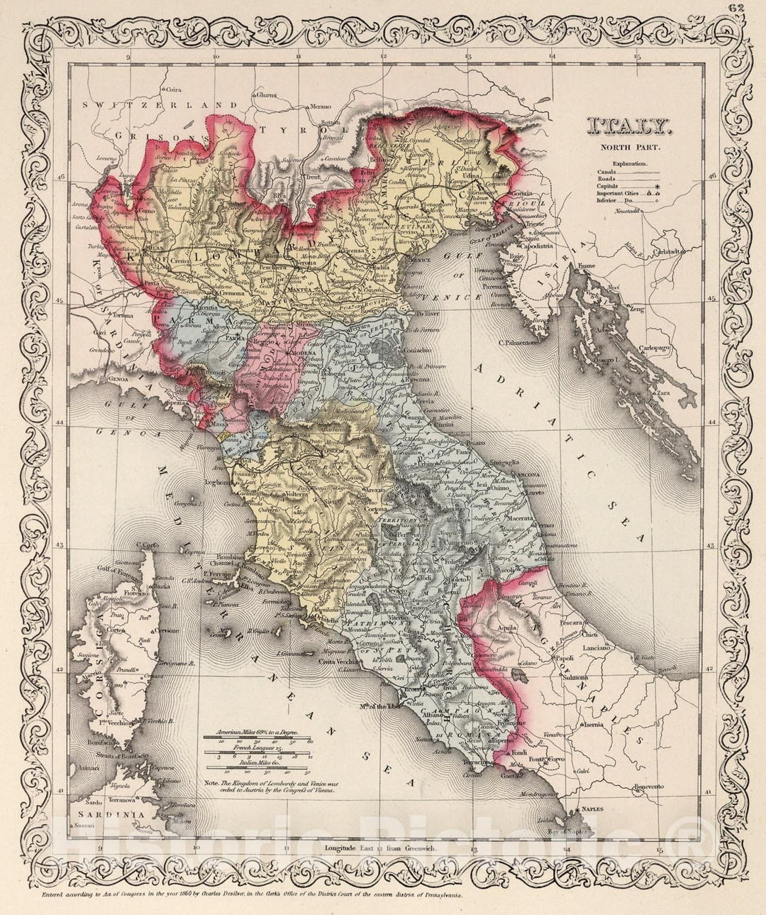 Historic Map : Northern Italy., 1860, Vintage Wall Art