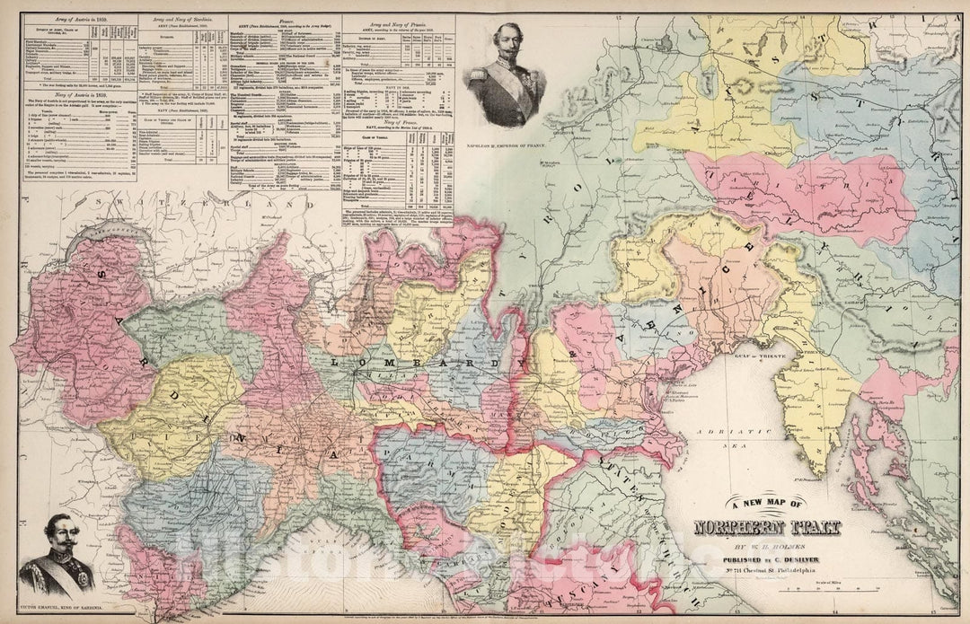 Historic Map : A New Map of Northern Italy by W.H. Holmes., 1860, Vintage Wall Art