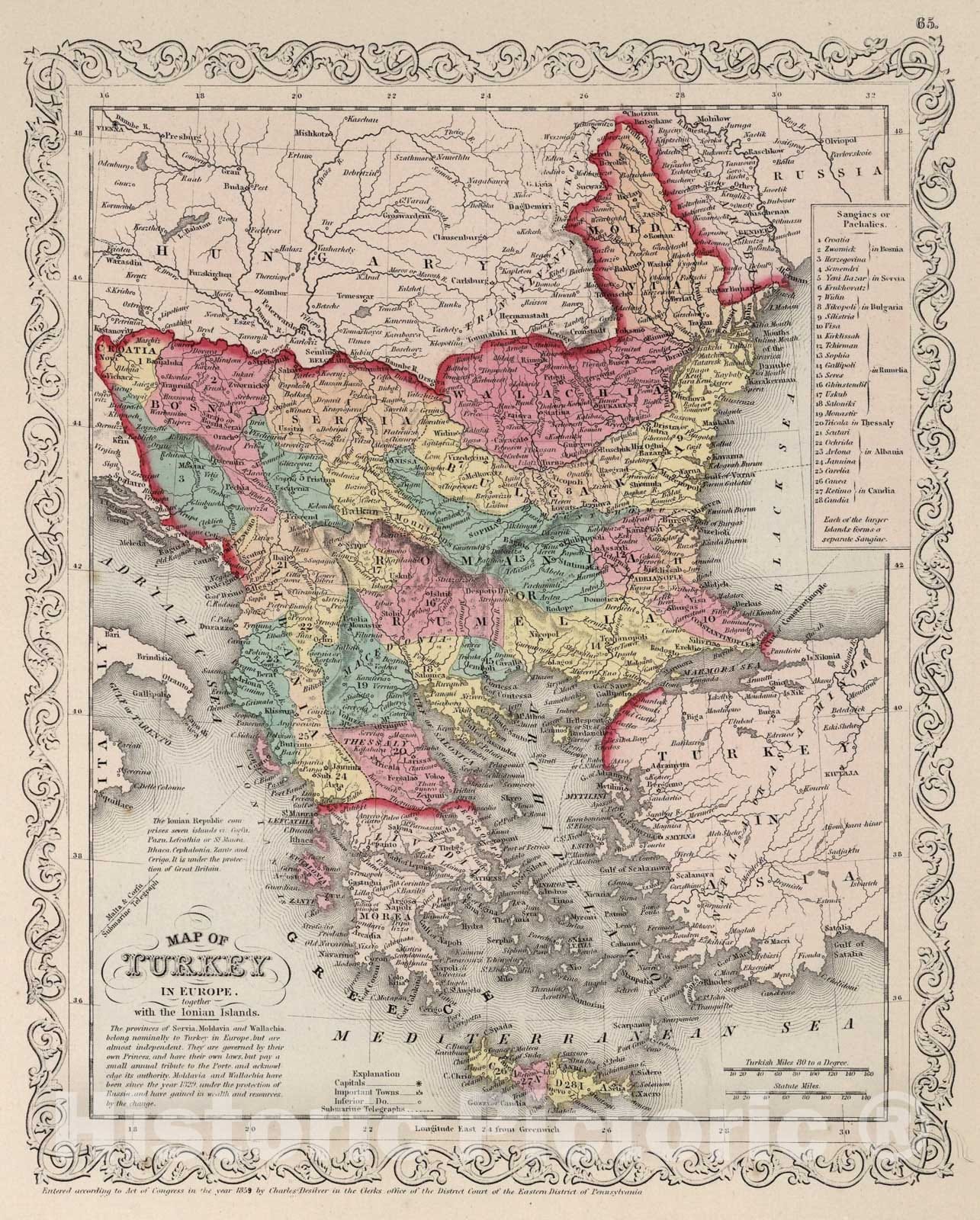 Historic Map : Turkey in Europe., 1859, Vintage Wall Art