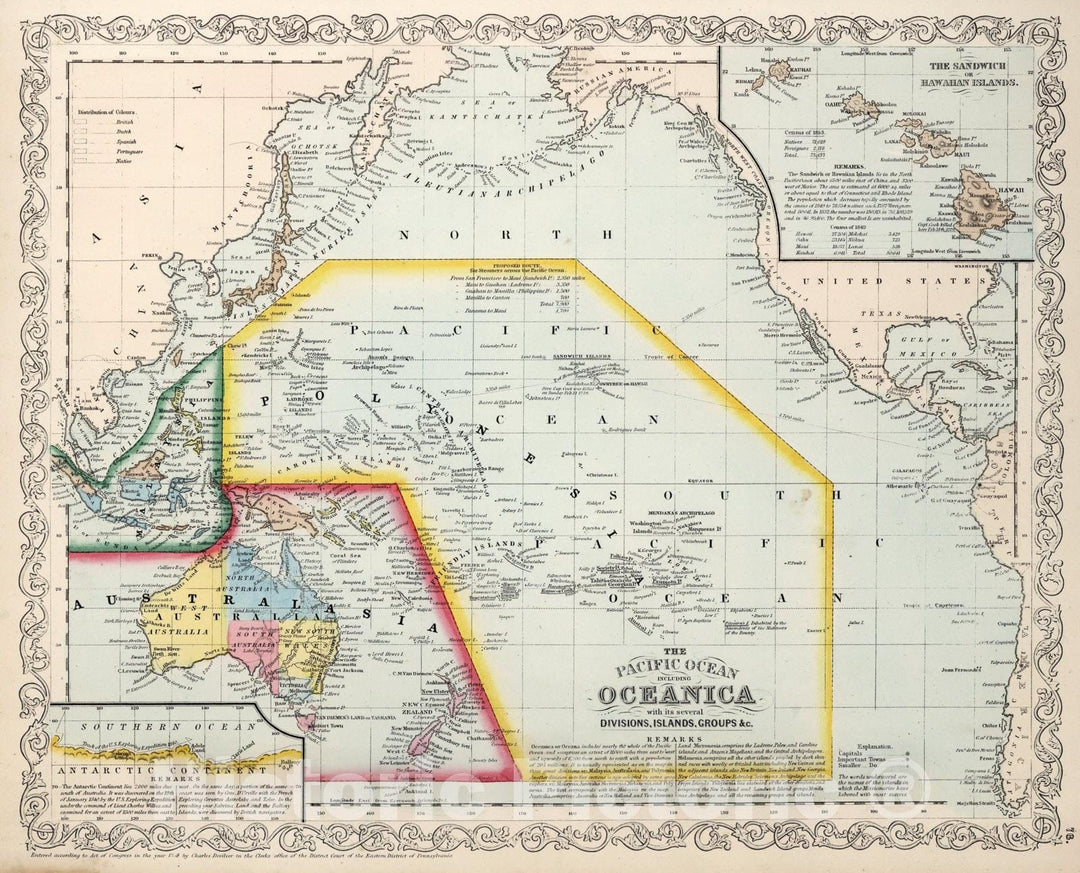 Historic Map : Pacific Ocean including Oceania., 1859, Vintage Wall Art