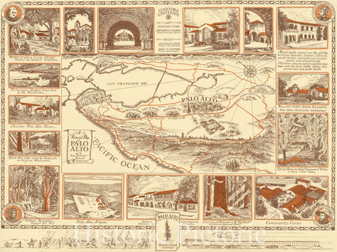 Historic Map : A Pictorial Map of Palo Alto and San Francisco Peninsula by Arthur Lites., 1939, Vintage Wall Art