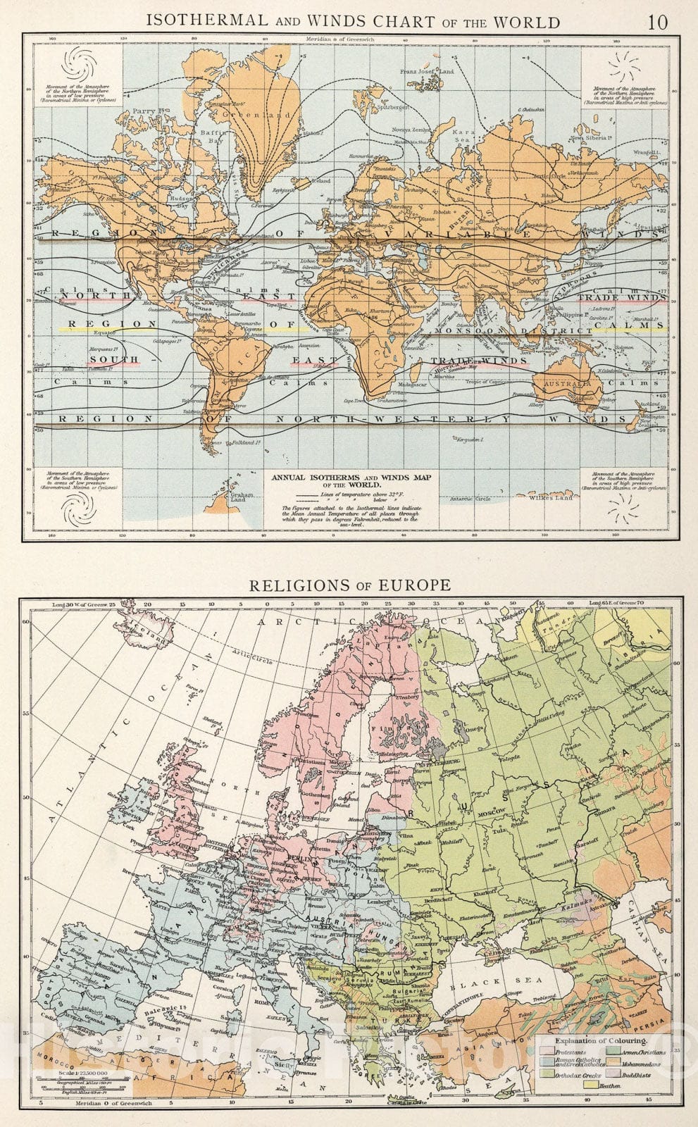 Historic Map : Isothermal and winds chart of the World. Religions of Europe, 1900, Vintage Wall Art