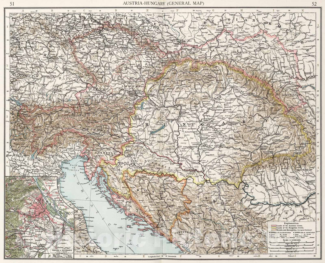 Historic Map : Austria-Hungary (General map), 1900, Vintage Wall Art