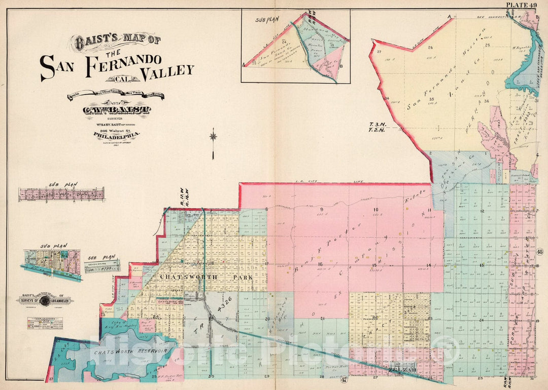 Historic Map : Plate 49, Baist's Map of the San Fernando Valley, Los Angeles, California., 1921, Vintage Wall Art