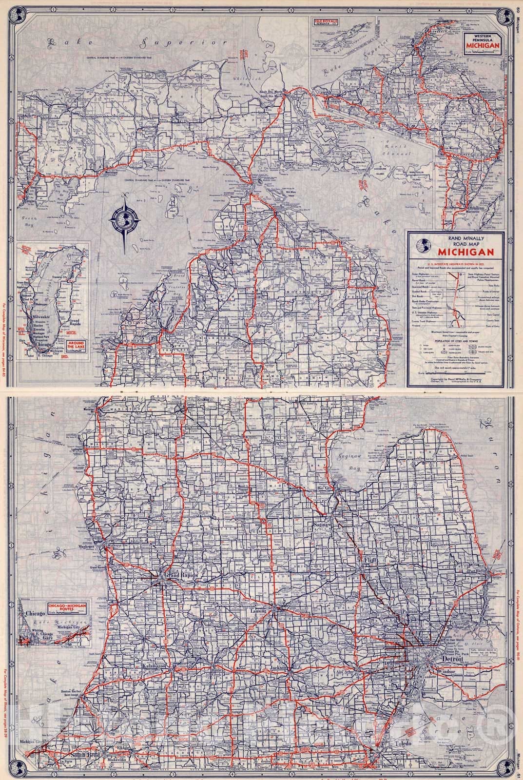 Historic Map : Rand McNally Road map: Michigan, 1939, Vintage Wall Art