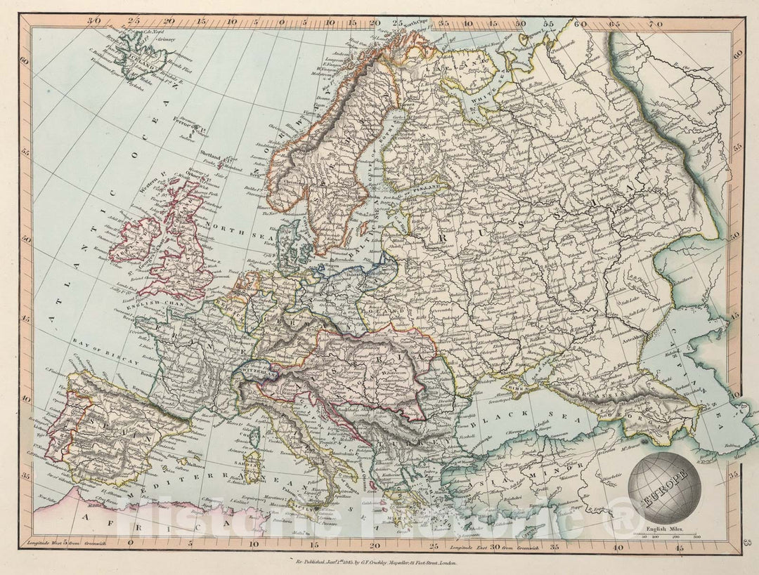 Historic Map : Europe, 1845, Vintage Wall Art