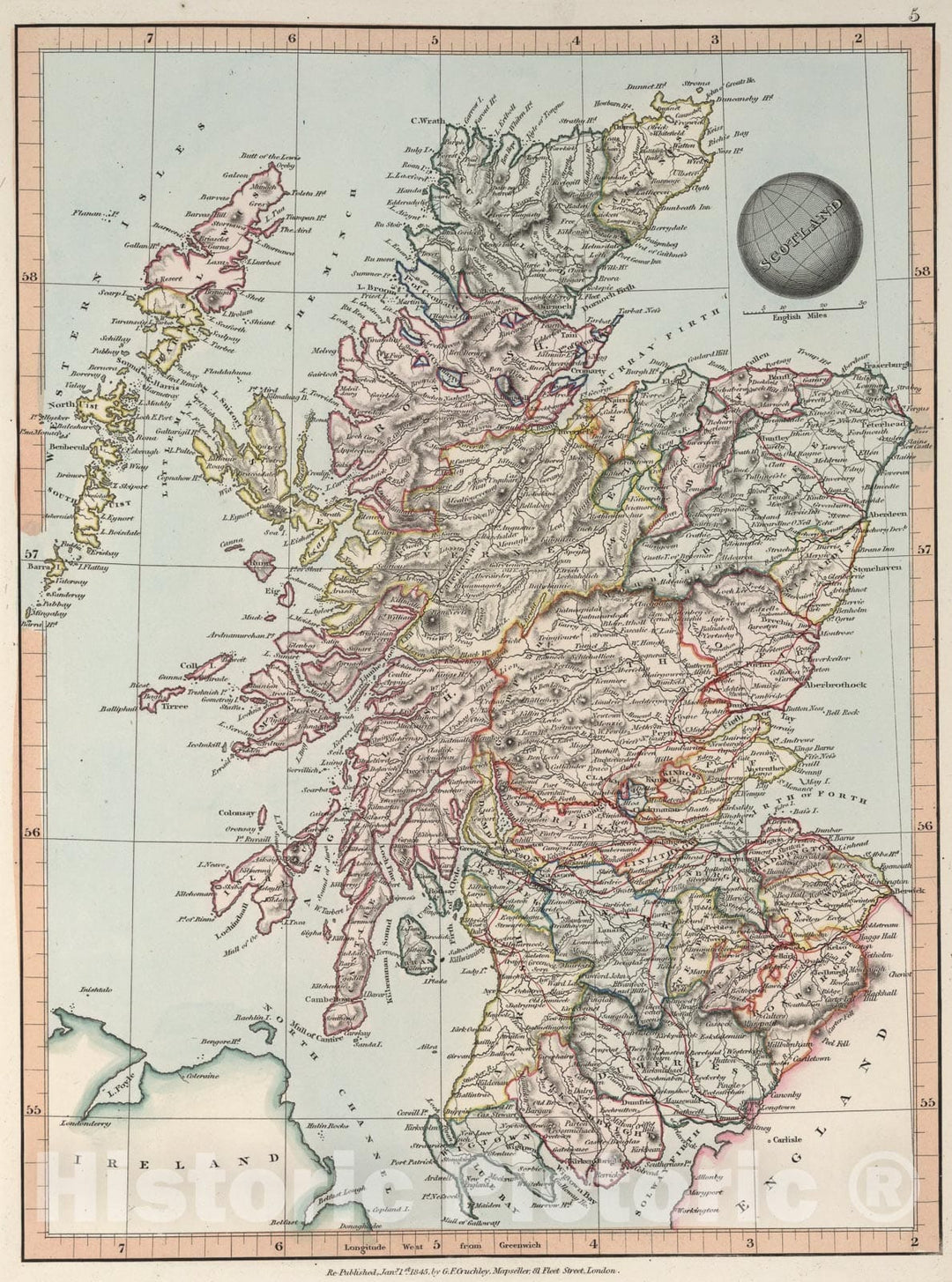 Historic Map : Scotland, 1845, Vintage Wall Art