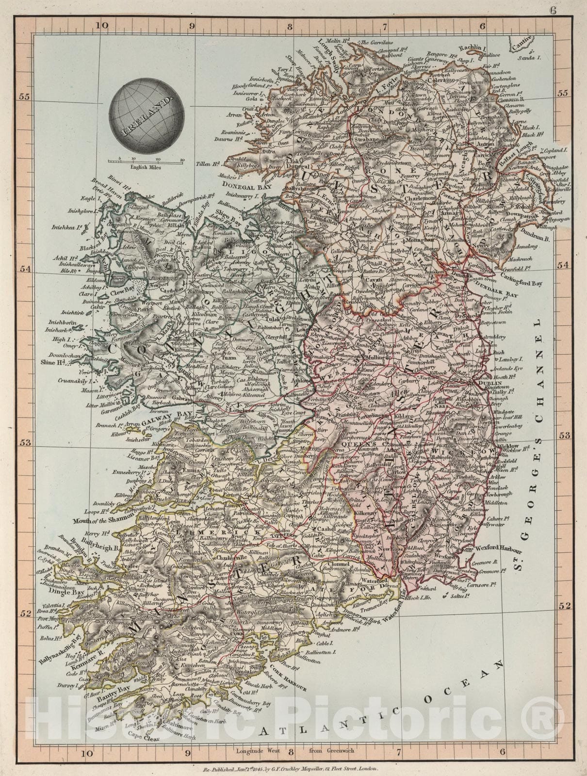 Historic Map : Ireland, 1845, Vintage Wall Art