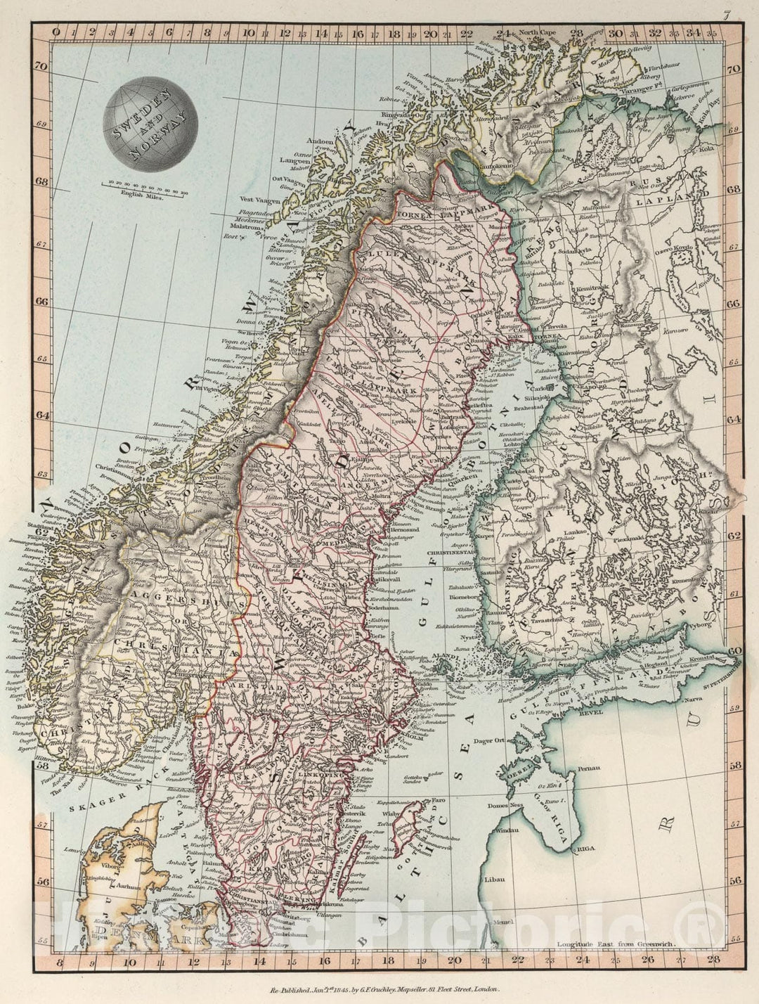 Historic Map : Sweden and Norway, 1845, Vintage Wall Art