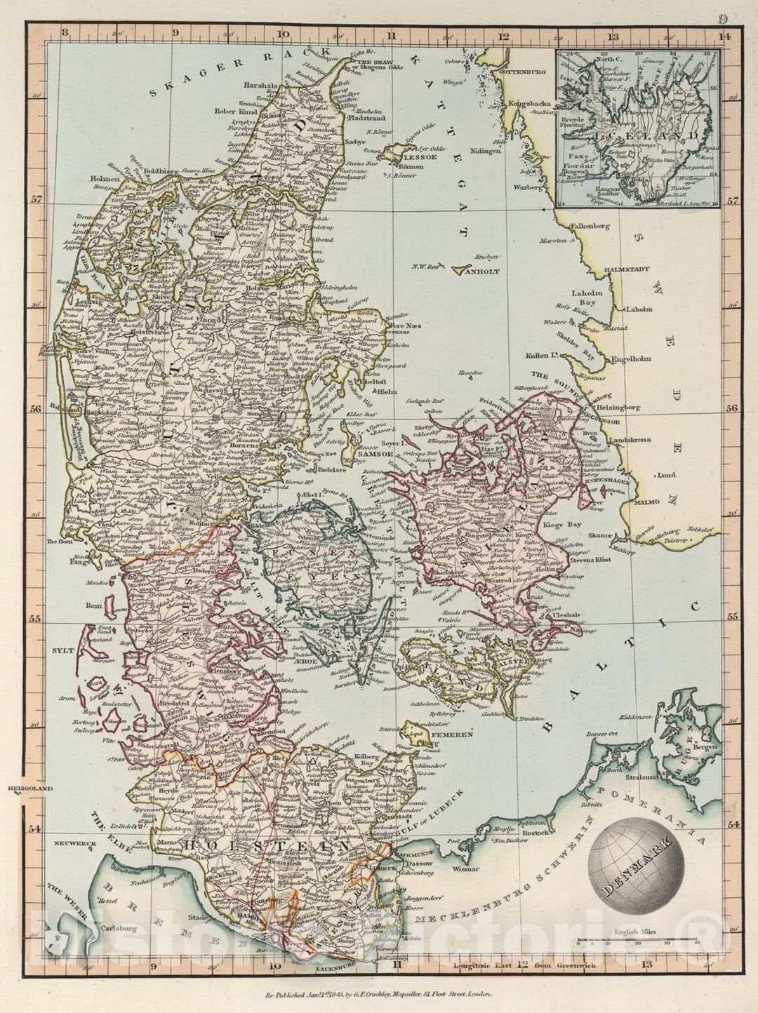 Historic Map : Denmark, 1845, Vintage Wall Art