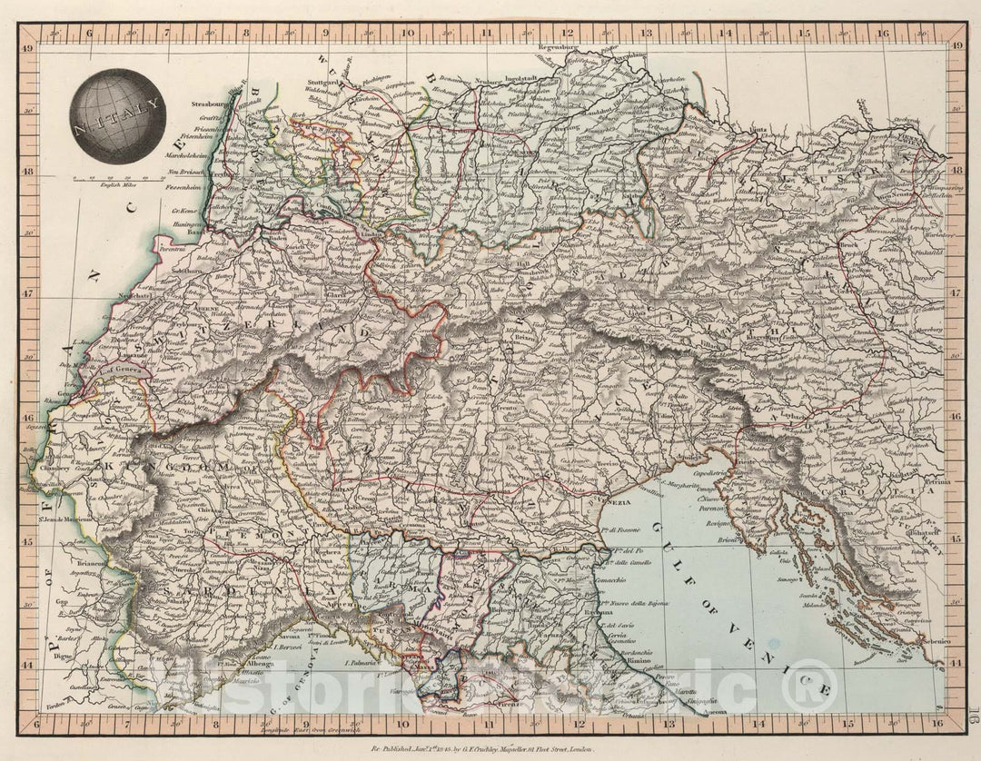 Historic Map : Northern Italy, 1850, Vintage Wall Art