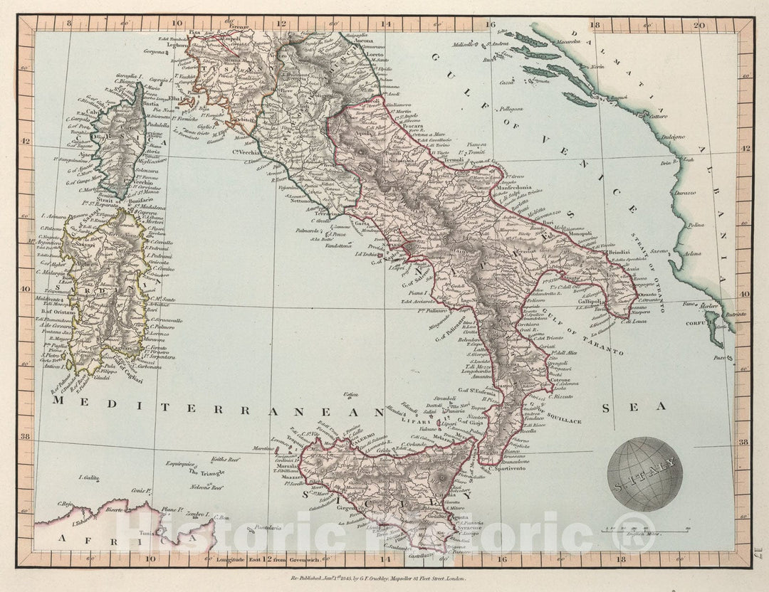 Historic Map : Southern Italy, 1845, Vintage Wall Art