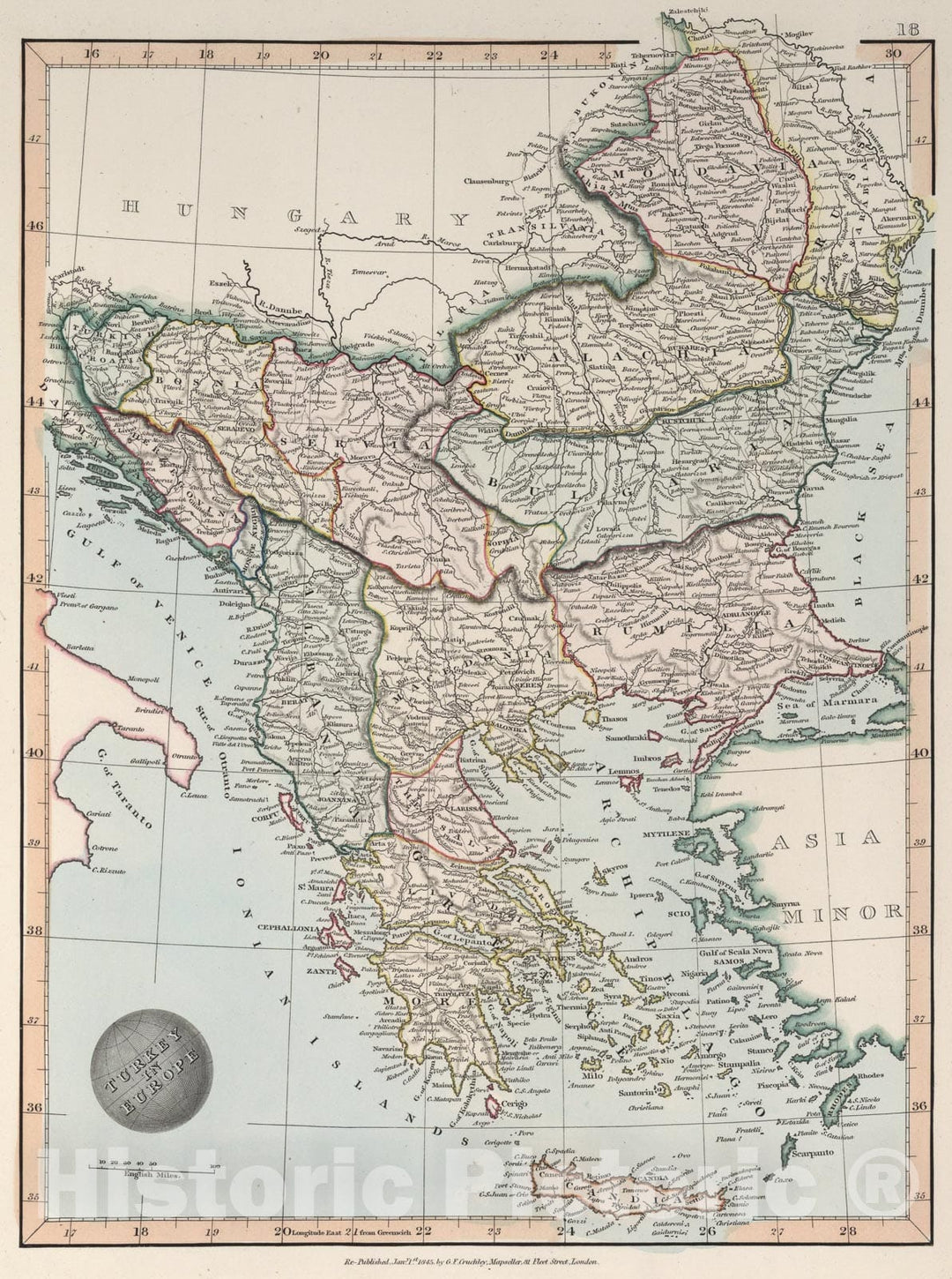 Historic Map : Turkey in Europe, 1845, Vintage Wall Art