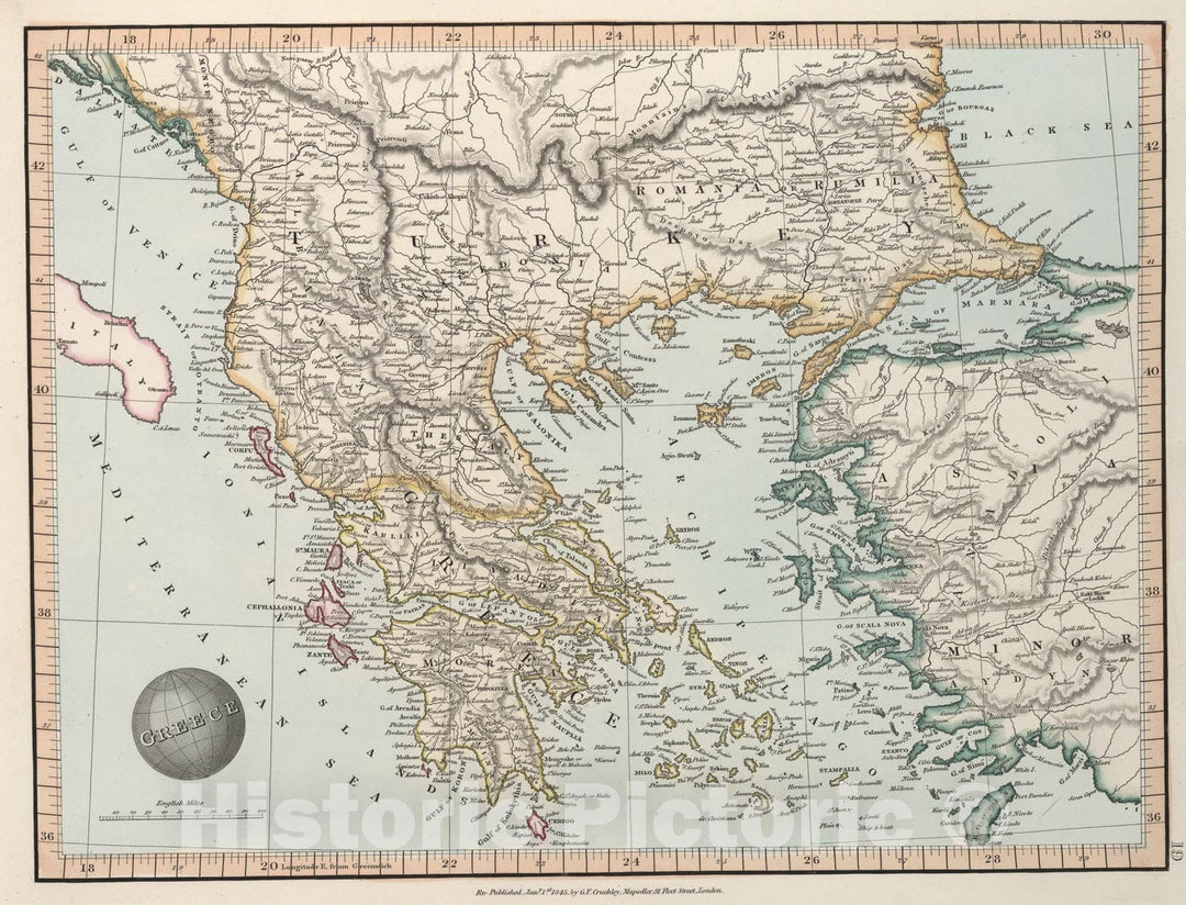 Historic Map : Greece, 1845, Vintage Wall Art