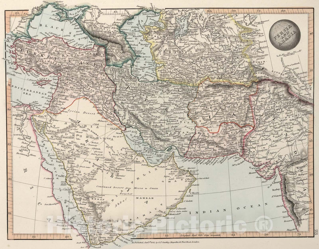 Historic Map : Persia and Arabia, 1845, Vintage Wall Art