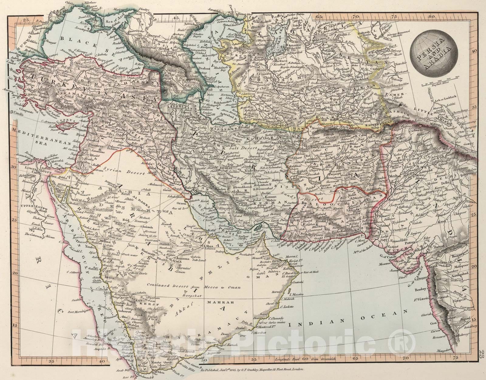 Historic Map : Persia and Arabia, 1845, Vintage Wall Art