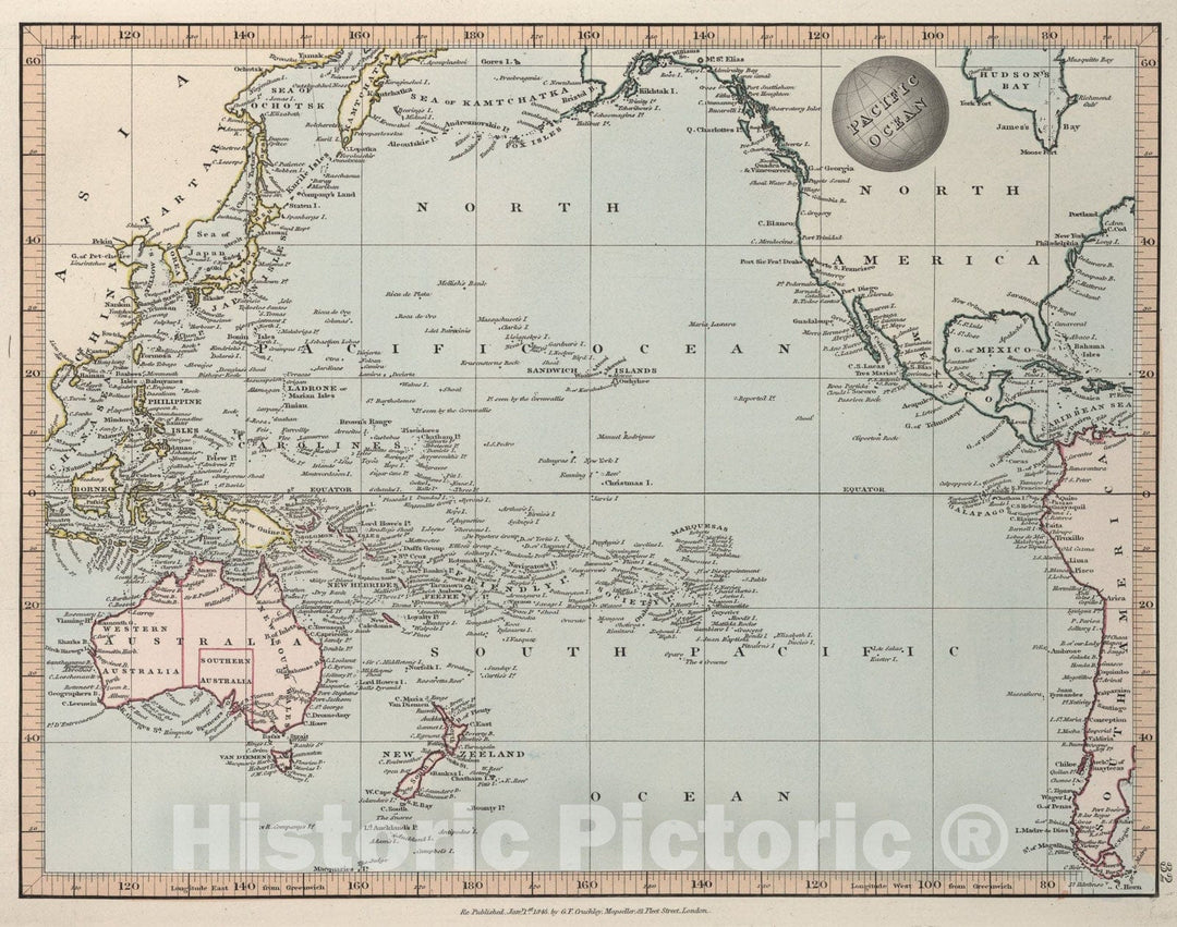 Historic Map : Pacific Ocean, 1845, Vintage Wall Art