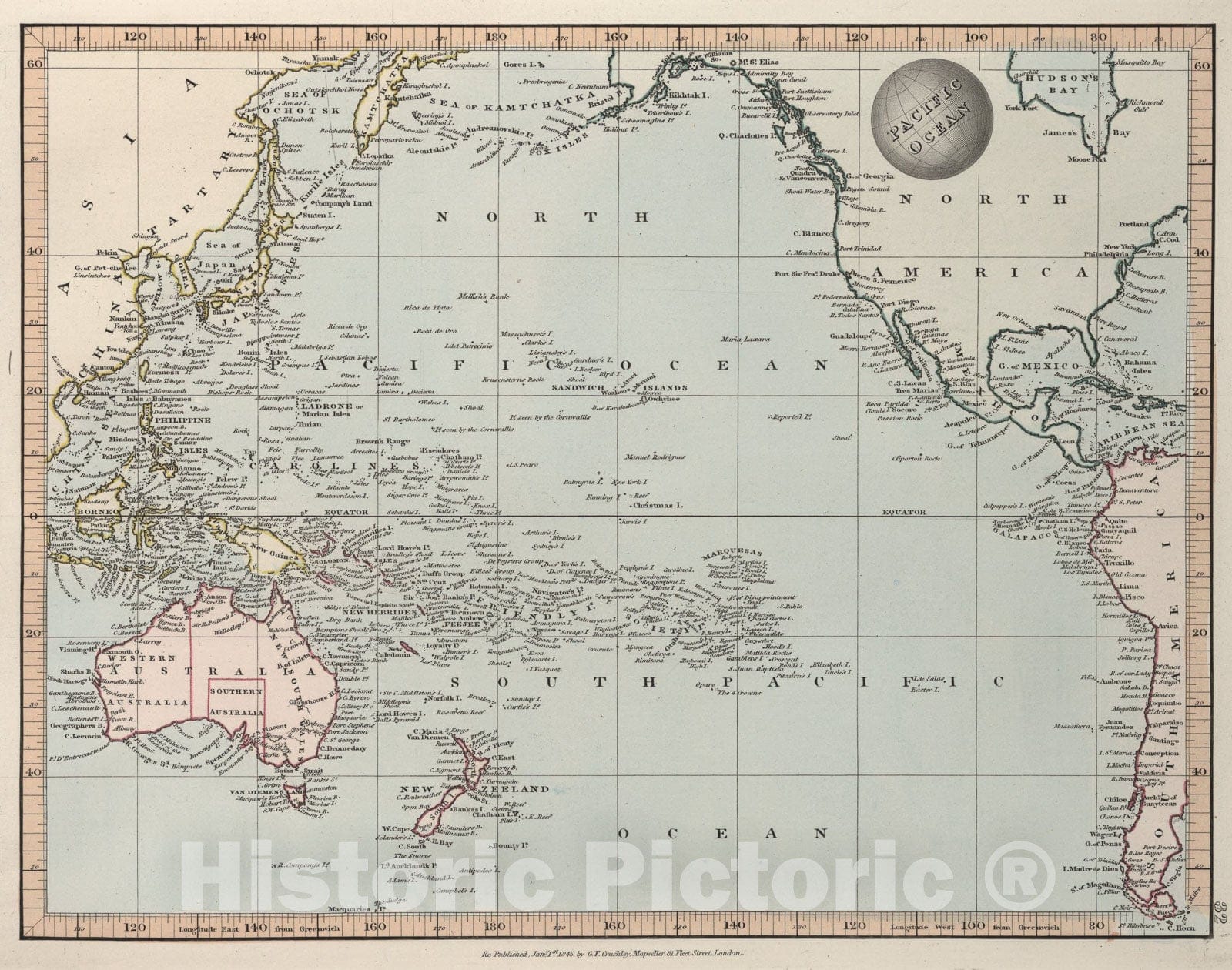 Historic Map : Pacific Ocean, 1845, Vintage Wall Art