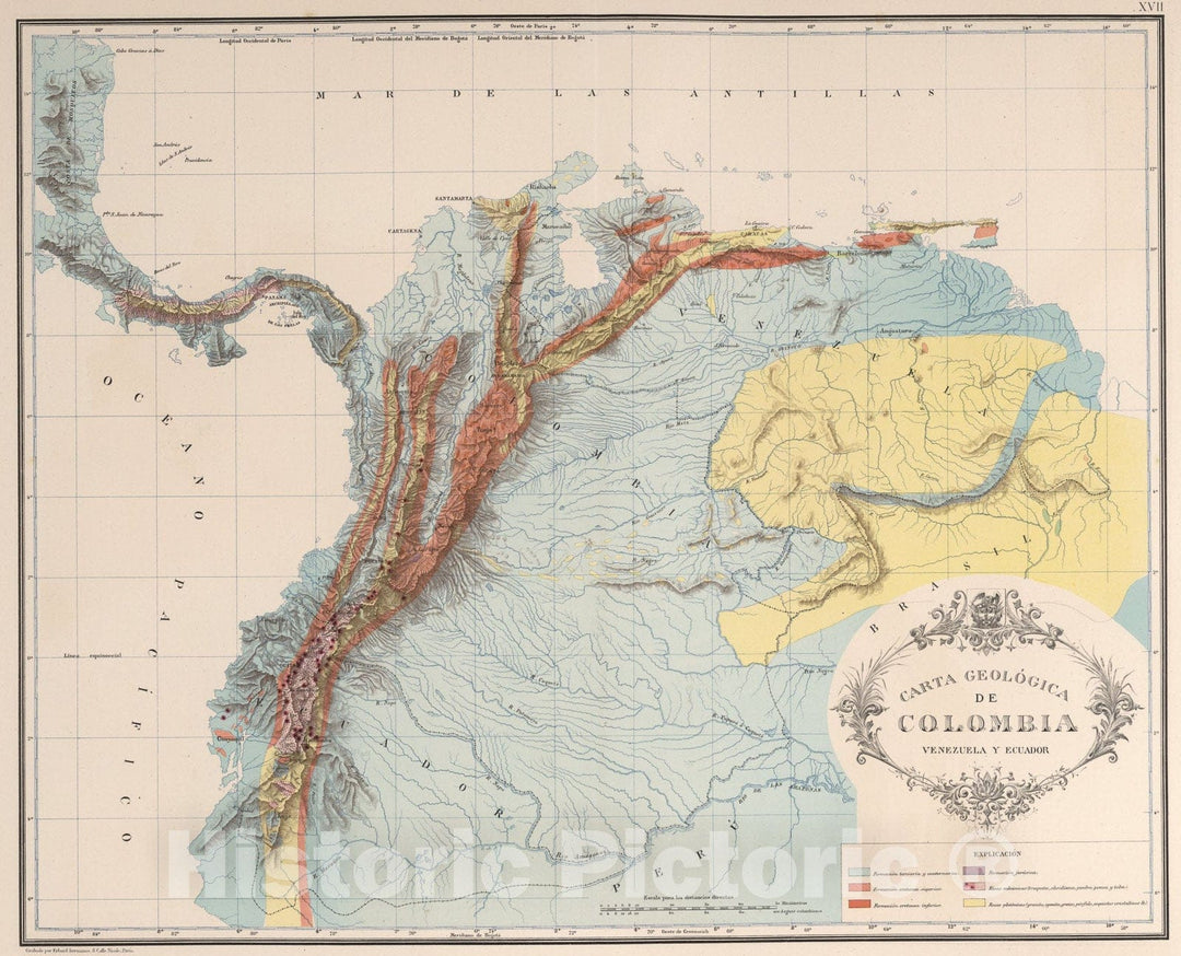 Historic Map : Carta geologica de Colombia : Venezuela y Ecuador, 1889, Vintage Wall Art