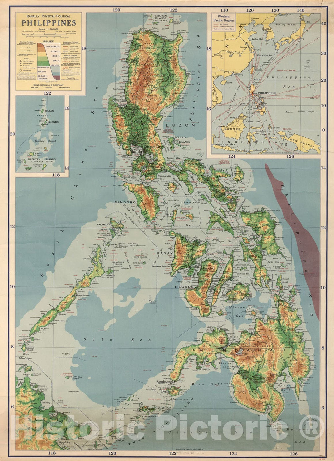 Historic Map : Philippines -- Physical-Political., 1952, Vintage Wall Art