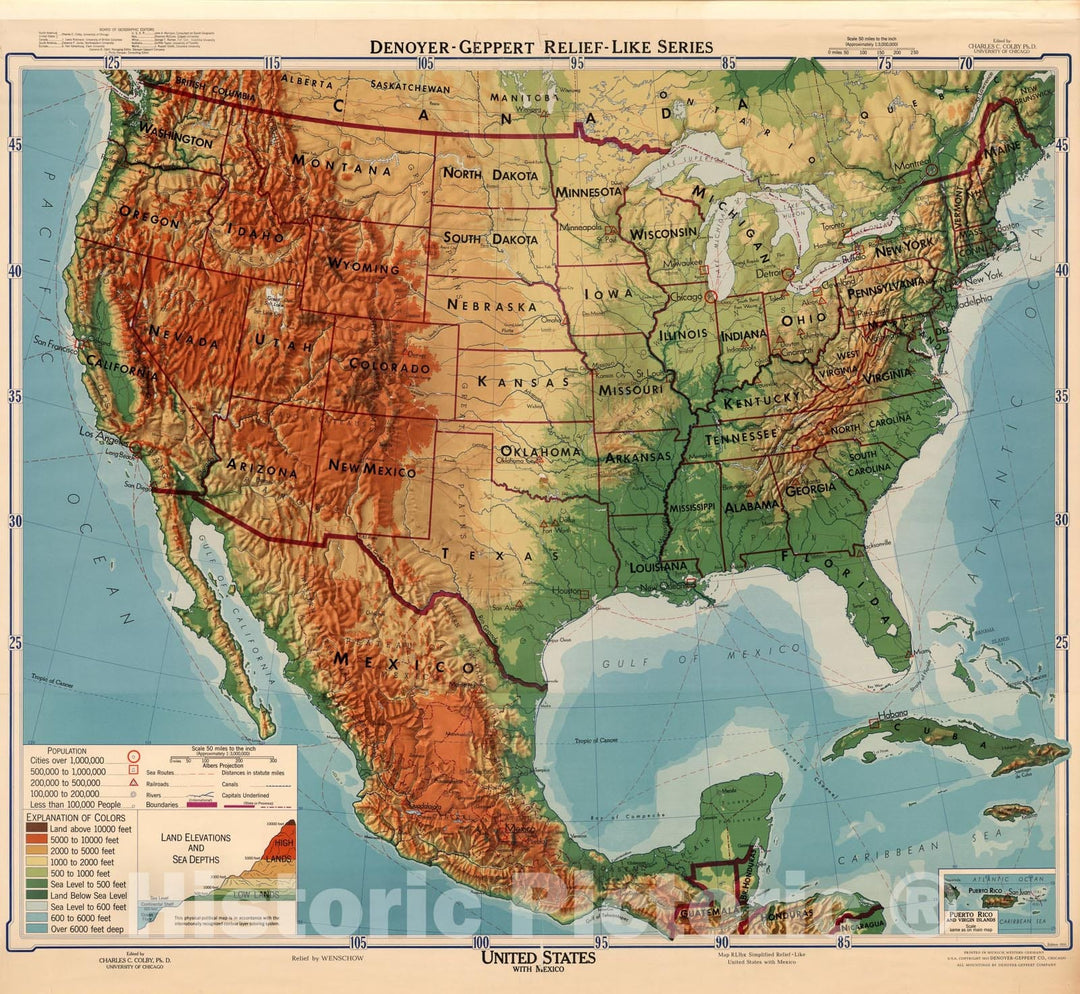 Historic Map : United States & Mexico -- Physical-Political., 1955, Vintage Wall Art