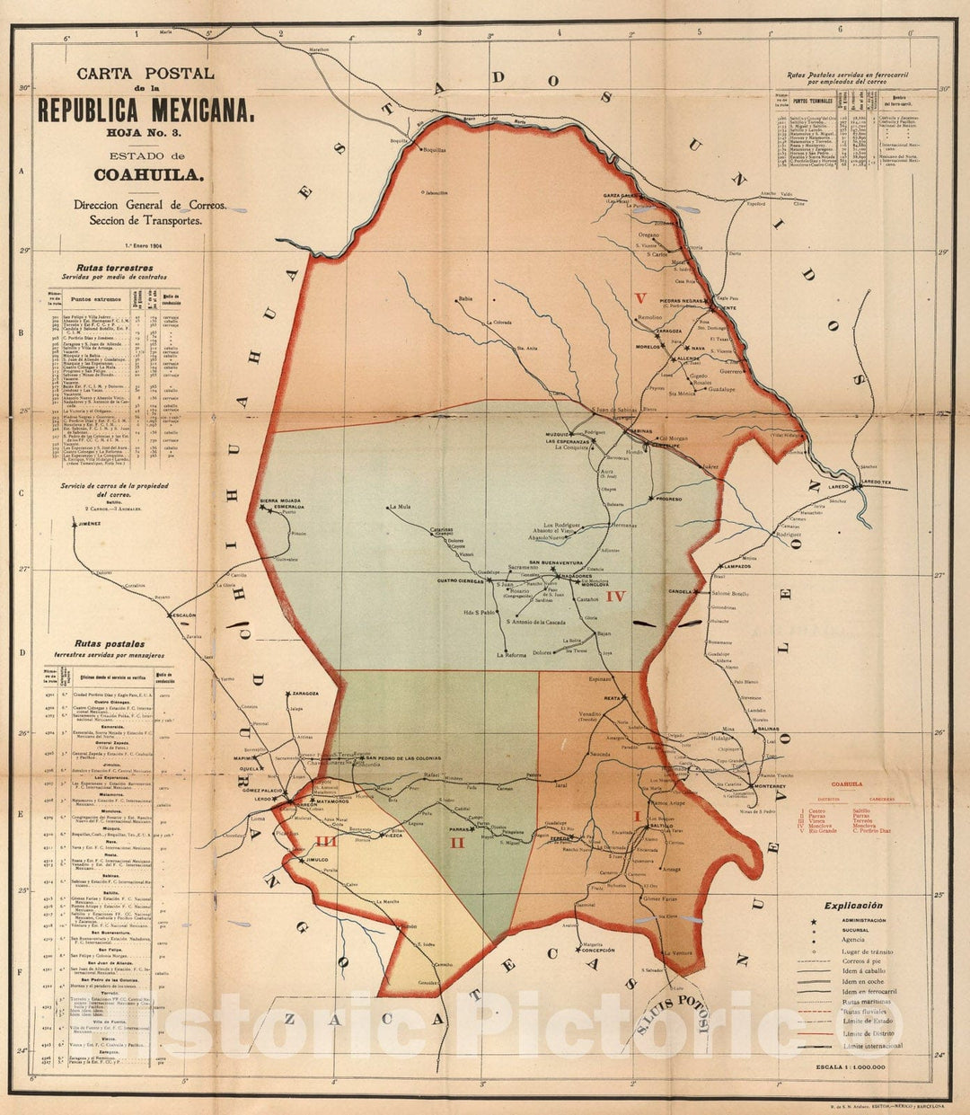 Historic Map : Carta Postal de la Republica Mexicana. Hoja No. 3. Estado de Coahuila., 1904, Vintage Wall Art